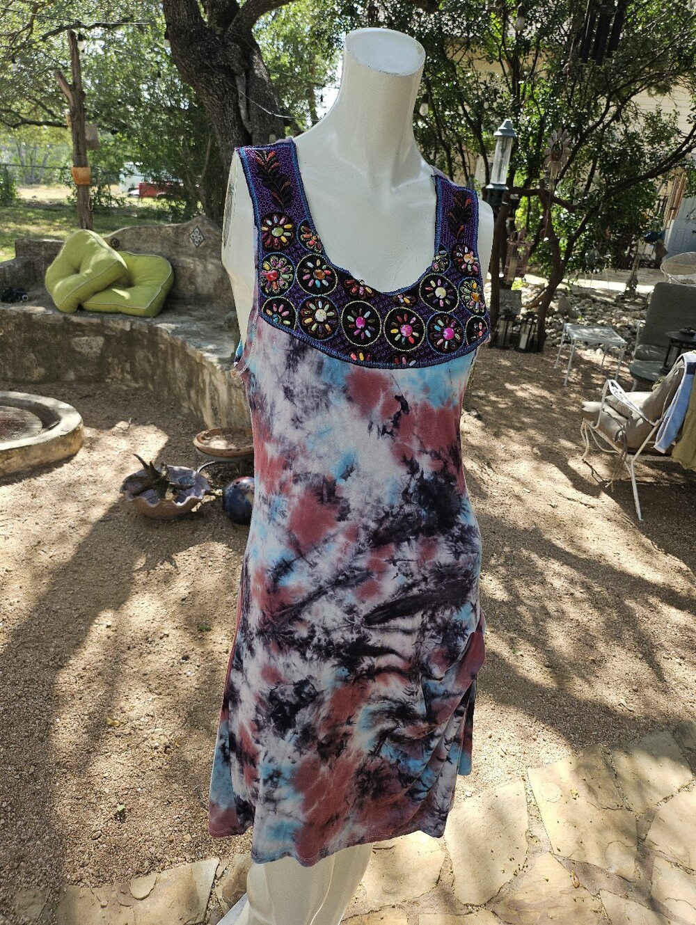 Mechant Tie Dyed Rayon Spandex Stretch Bohemian Beaded T-shirt Dress L